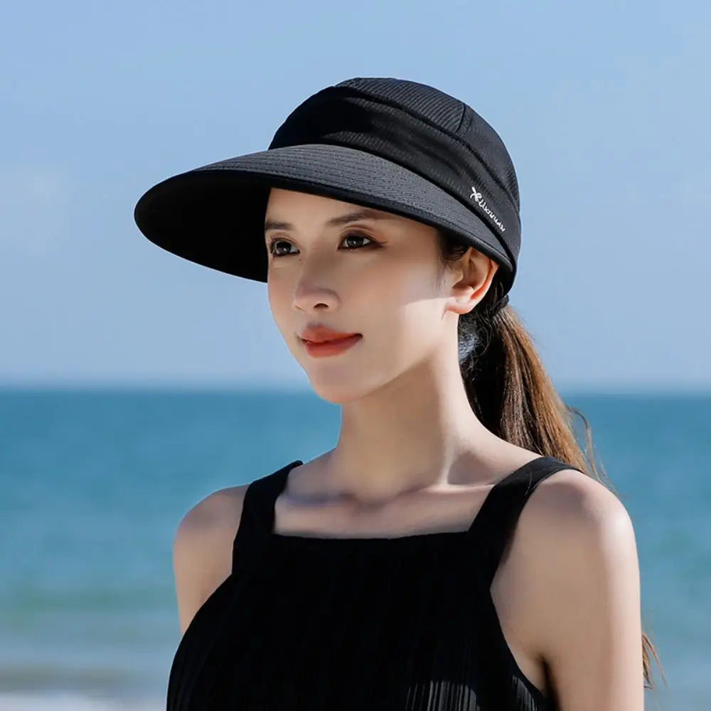 Women's Foldable Wide Brim UV Sun Hat – Ponytail Cap Women's Sun Hat HIP black
