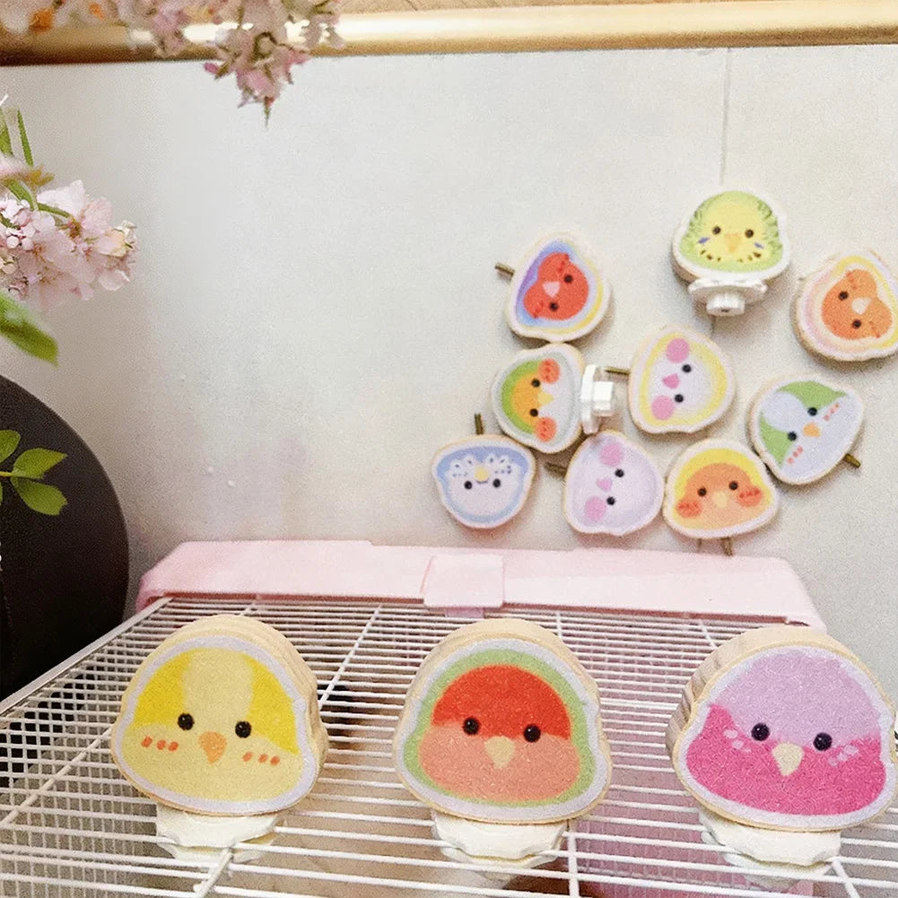 Cartoon Parrot Pattern Bird Platform Natural Pine Floating Stone Grinding Rack for Animal Totoro Squirrel Hamster Bracket Board HIP