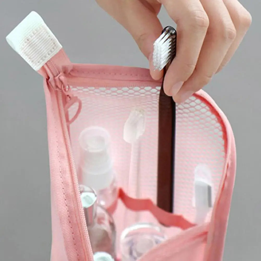 Portable Mesh Standing Toiletry Bag, Lightweight Foldable Clear Hanging Travel Organiser for Toothbrush & Travel HIP