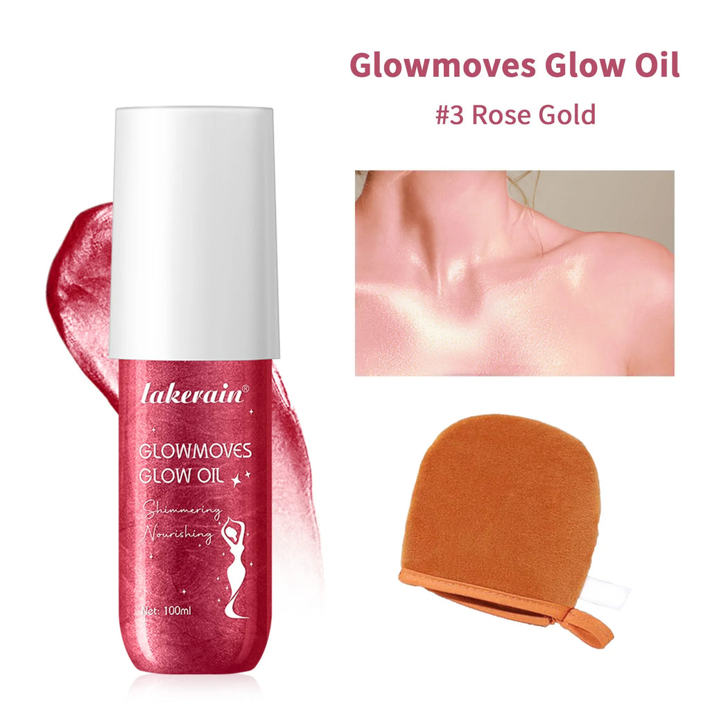 100ml Glow Shimmer Body Lotion &Free Tanning Applicator Glove Hydrating Softening Bronze Glow Oil Non Greasy Non Sticky Makeup HIP 3Rose Gold