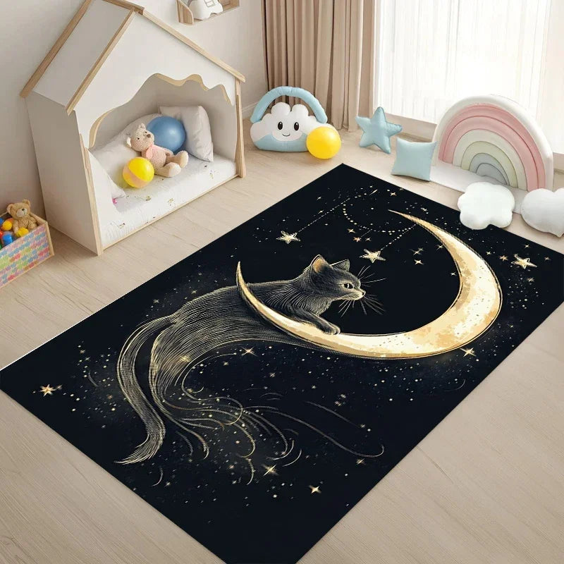 Black Gold Galaxy Cat Moon Star Non-Slip Area Rug Non-Slip Area Rug HIP