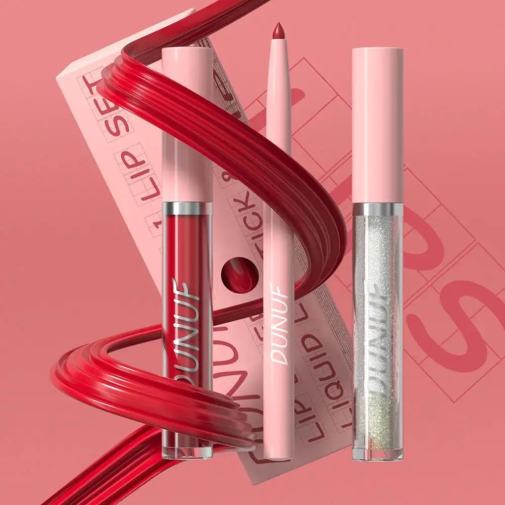 DUNUF 3-Pc Matte Lipstick, Lip Liner & Lip Oil Set – Rose Pink Lip Makeup Kit HIP