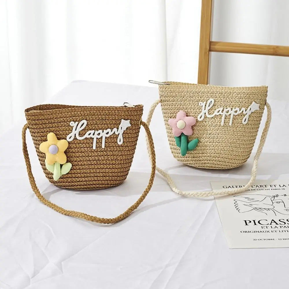 Kids Straw Bucket Crossbody Bag – Flower Mini Coin Purse Kids Crossbody Bag HIP