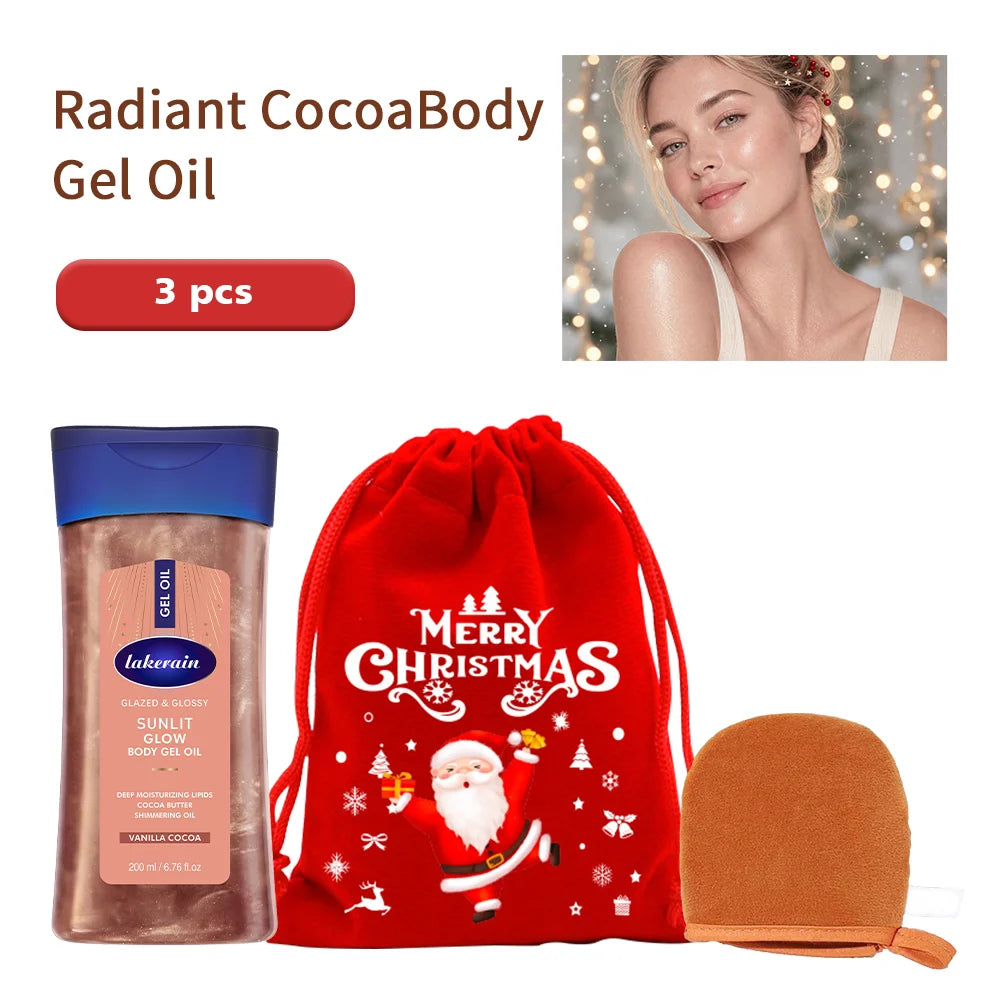3pcs Christmas Gift Turmeric Cocoa Glow Body Gel Oil With Applicator Glove Vitamin C Vitamin B3 Moisturizing Smoothing Body Oil HIP set 5