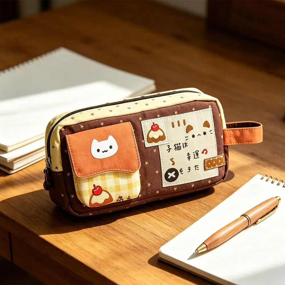 Kawaii Pudding Kitten Pencil Case – Large Capacity Zip Pouch Pencil Case HIP