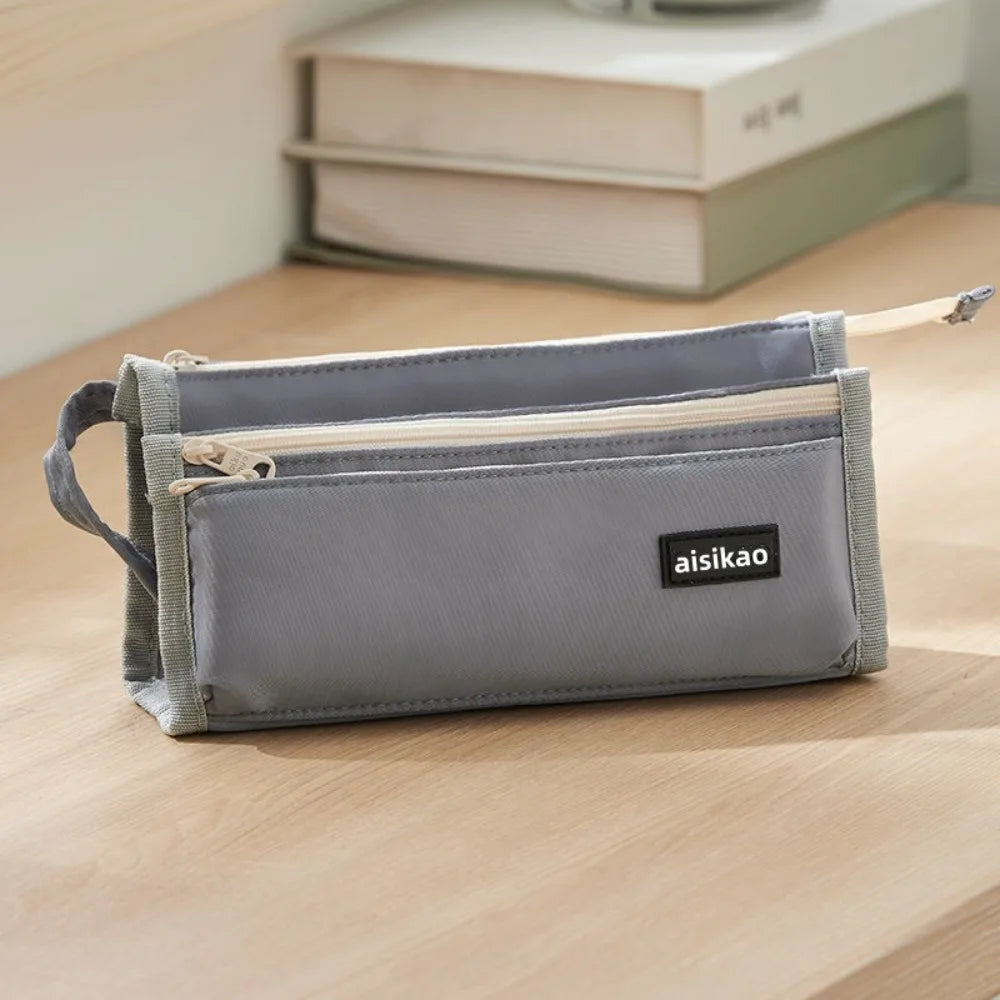 Large Capacity Multi-Layer Zipper Pencil Bag for Kids Pencil Case HIP Grey