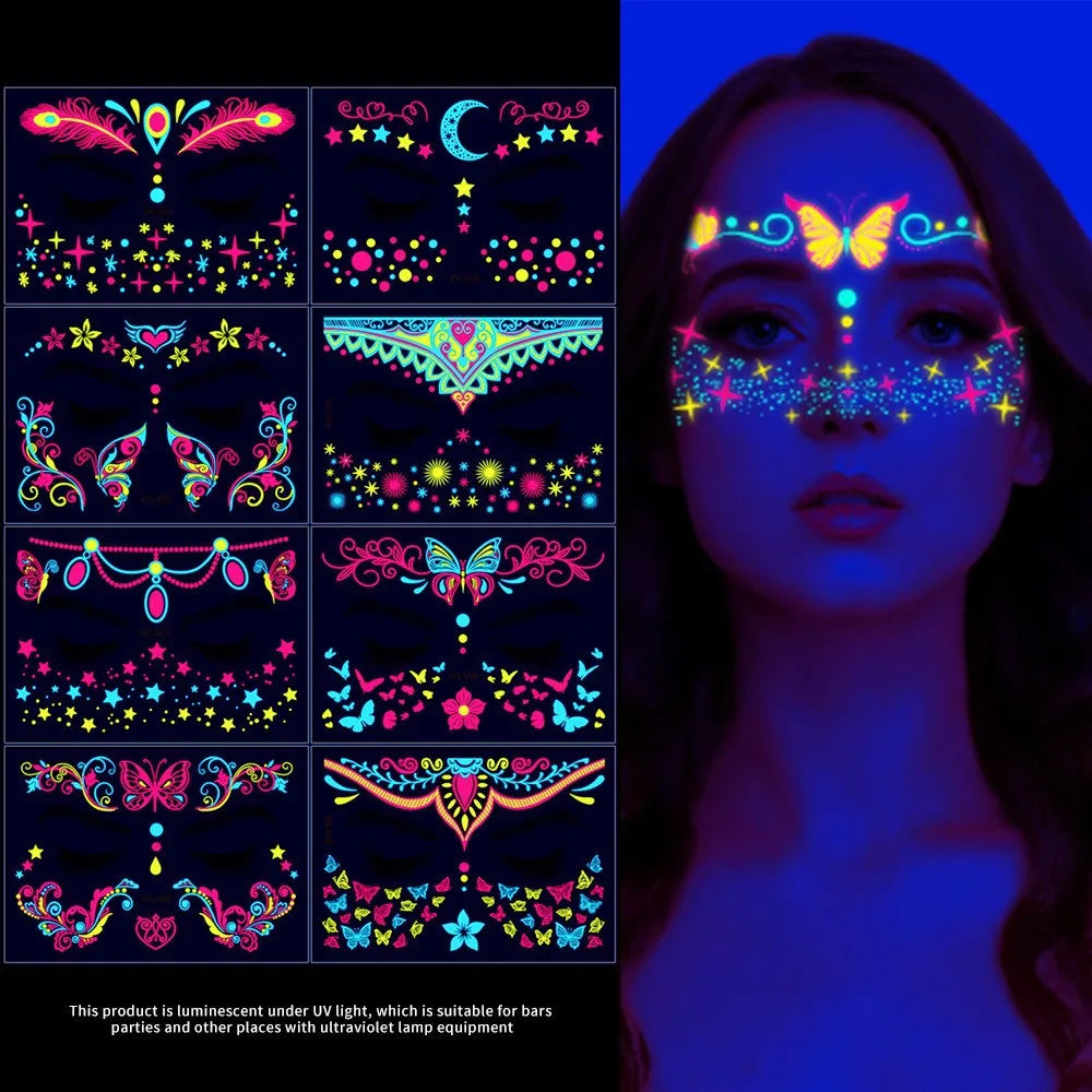 12/24pcs Luminous Temporary Tattoos Stickers UV Neon Fluorescent Glow in the Dark For Body Face Tattoo Stickers Party Accessorie HIP