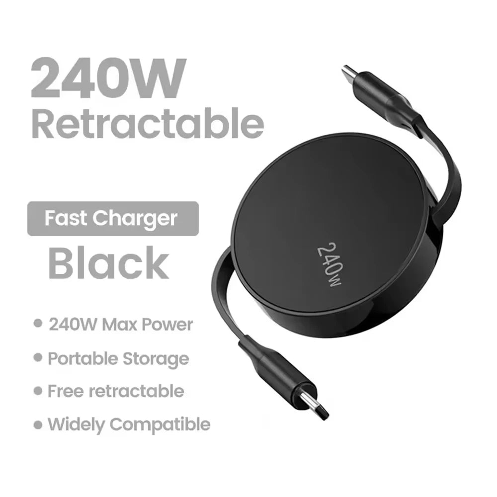 USB-C Retractable PD 240W Fast Charging Cable 1M | HIP USB-C Charging Cable HIP black 1m Type-C to Type-C