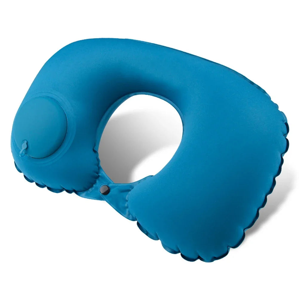 U Shape Neck Cushion Automatic Air Inflatable Pillow Compress Ring Pillow For Airplane Car Outdoor Travel Flocking Milk Fiber HIP Blue-Milk Fiber