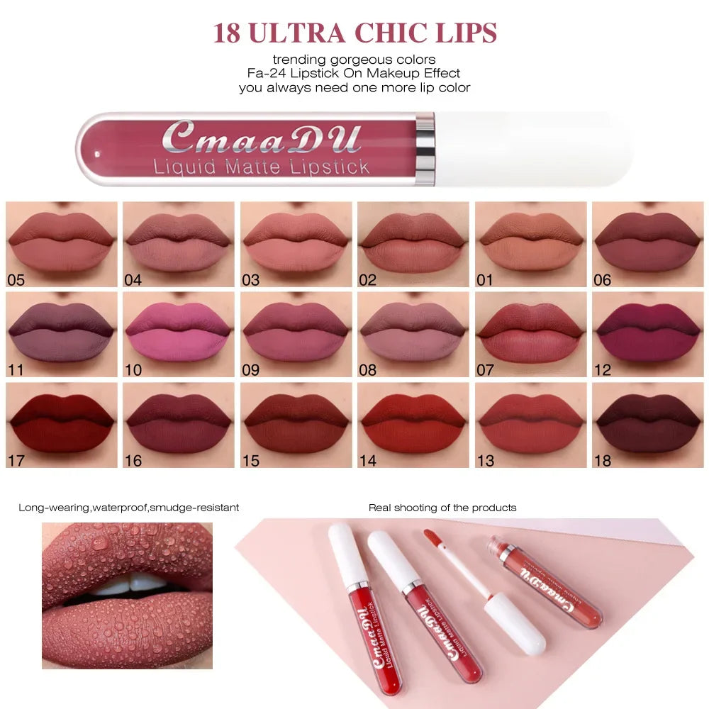 CmaaDu 18-Color Matte Velvet Liquid Lipstick – Waterproof Matte Liquid Lipstick HIP