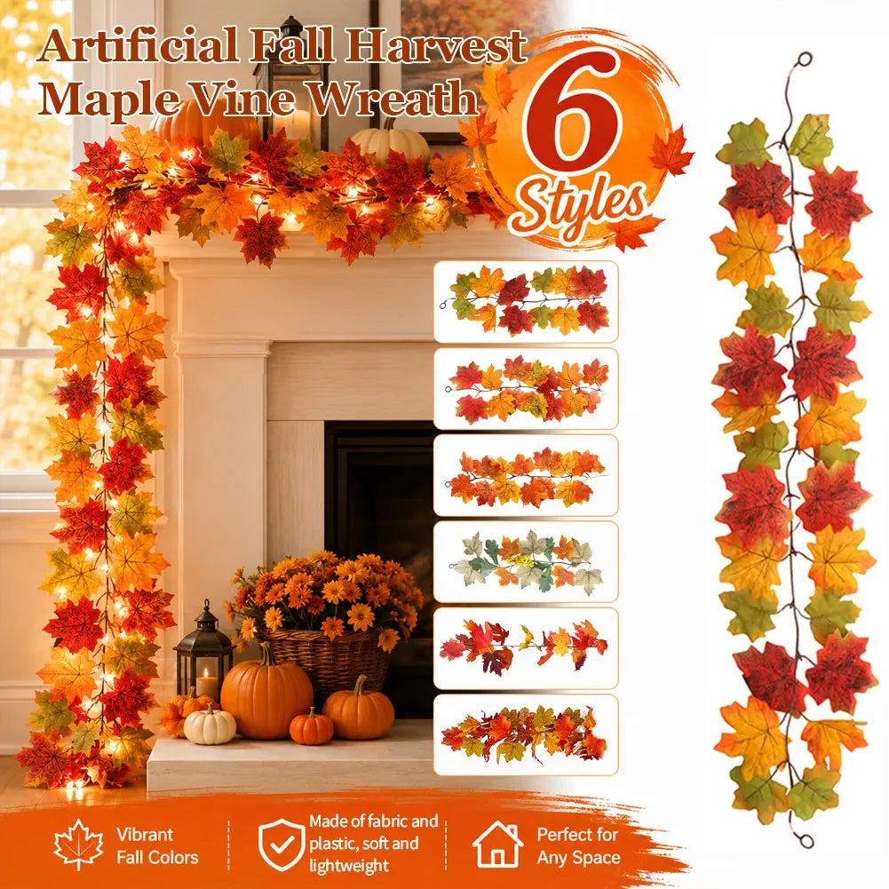 1/1.7M Artificial Maple Leaf Vine Flower Wreath Autumn Harvest Decor Halloween Wall Outdoor Door Window Decor Home Decor Garden HIP