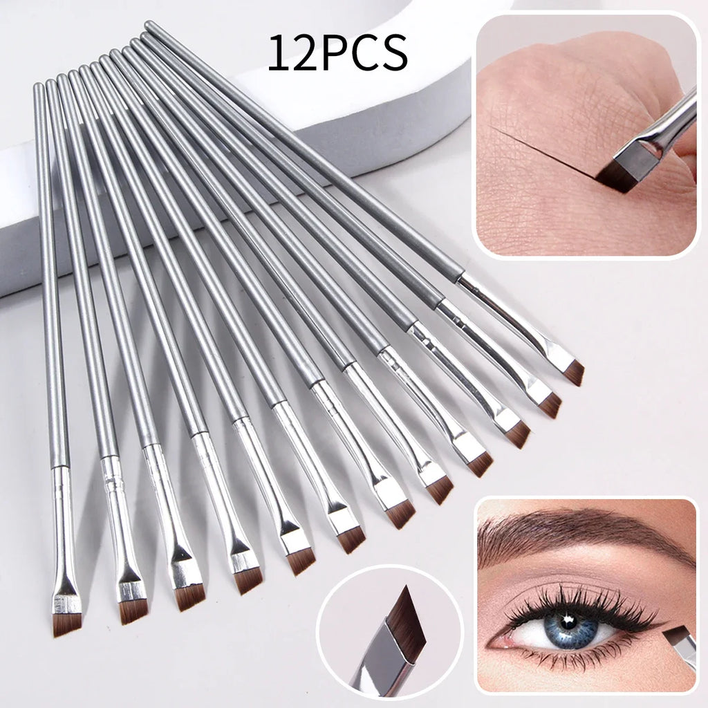 12-Pc Eyeliner & Eyebrow Brush Set – Thin Blade Precision Eye Makeup Brush Set HIP C705-Silver 12pcs