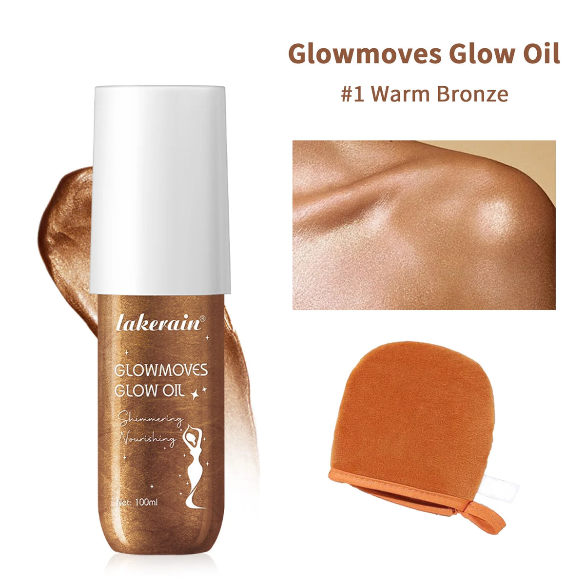 100ml Glow Shimmer Body Lotion &Free Tanning Applicator Glove Hydrating Softening Bronze Glow Oil Non Greasy Non Sticky Makeup HIP 1Warm Bronze