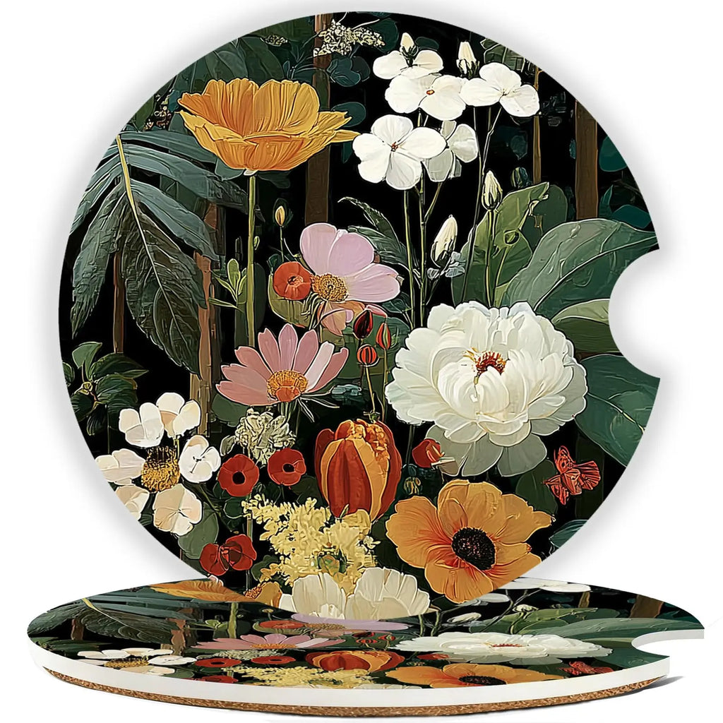 Car Cup Holder Ceramic Coaster Set of 2 – Cork Backing Car Cup Coaster Set HIP Black Flowers Ceramic Cork