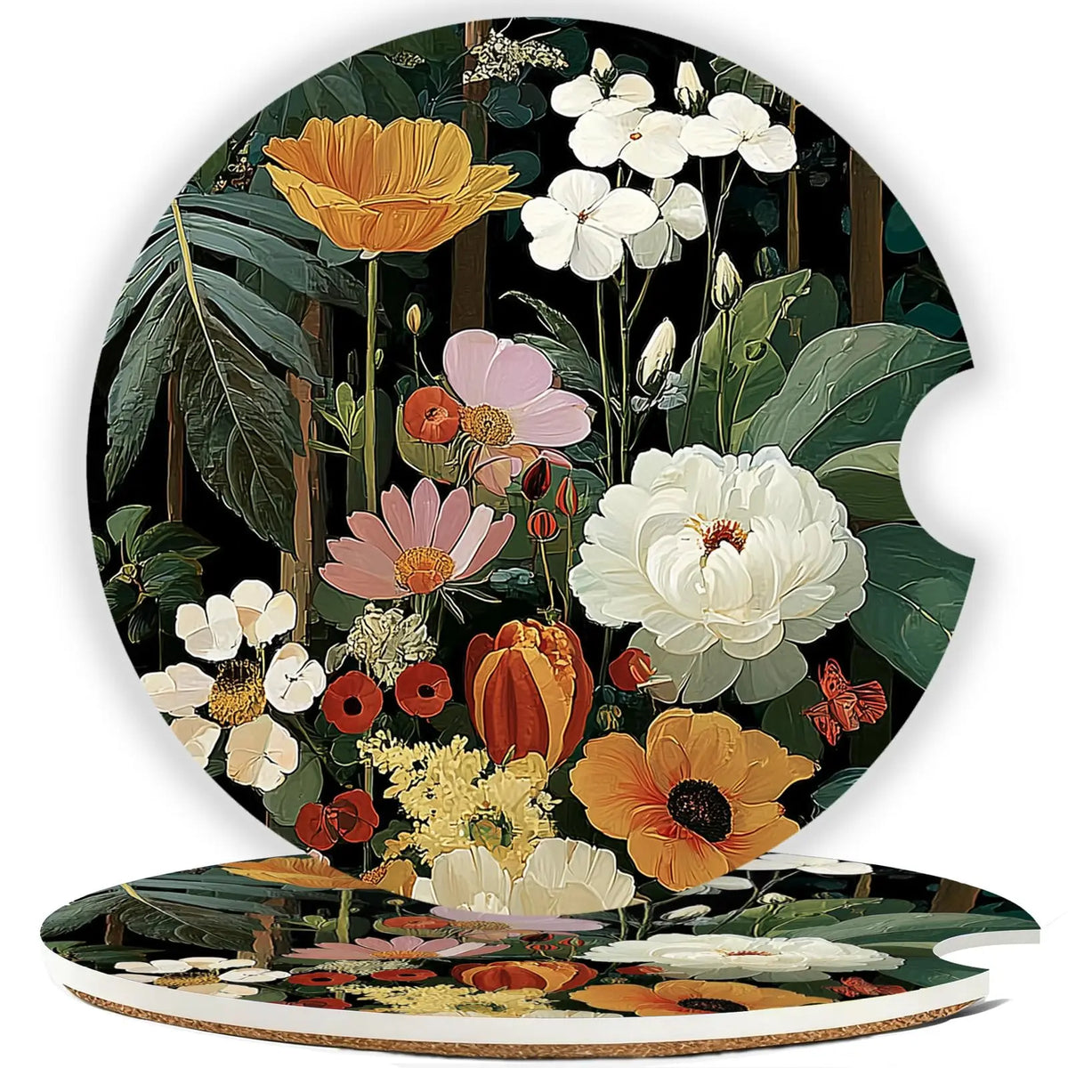 Car Cup Holder Ceramic Coaster Set of 2 – Cork Backing Car Cup Coaster Set HIP Black Flowers Ceramic Cork