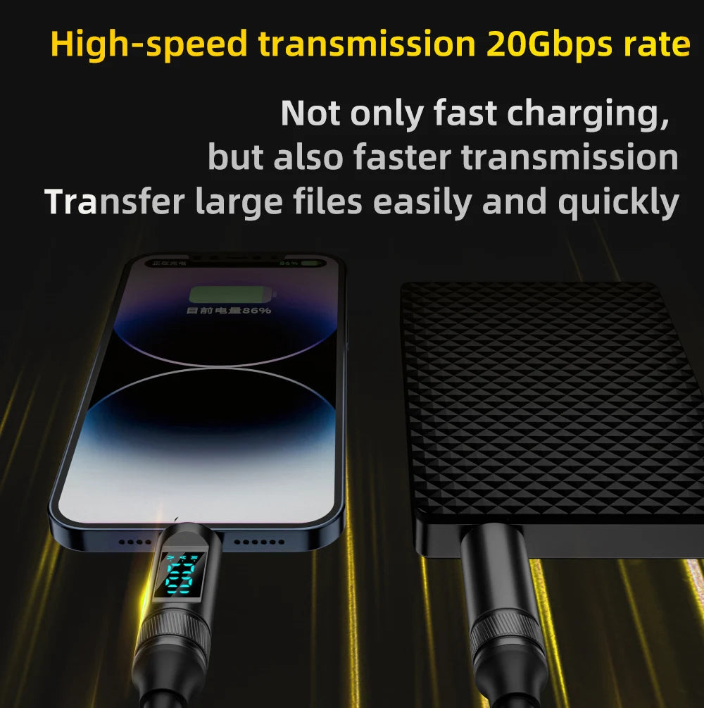 LED Display USB-C Cable 100W 10Gbps 2m – Fast Charge & Data USB-C Charging Cable HIP