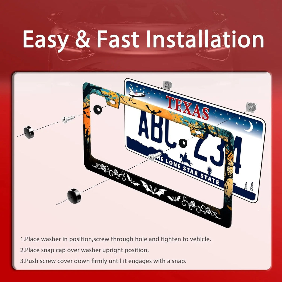Halloween Bats & Rose Stainless Steel License Plate Frame License Plate Frame HIP