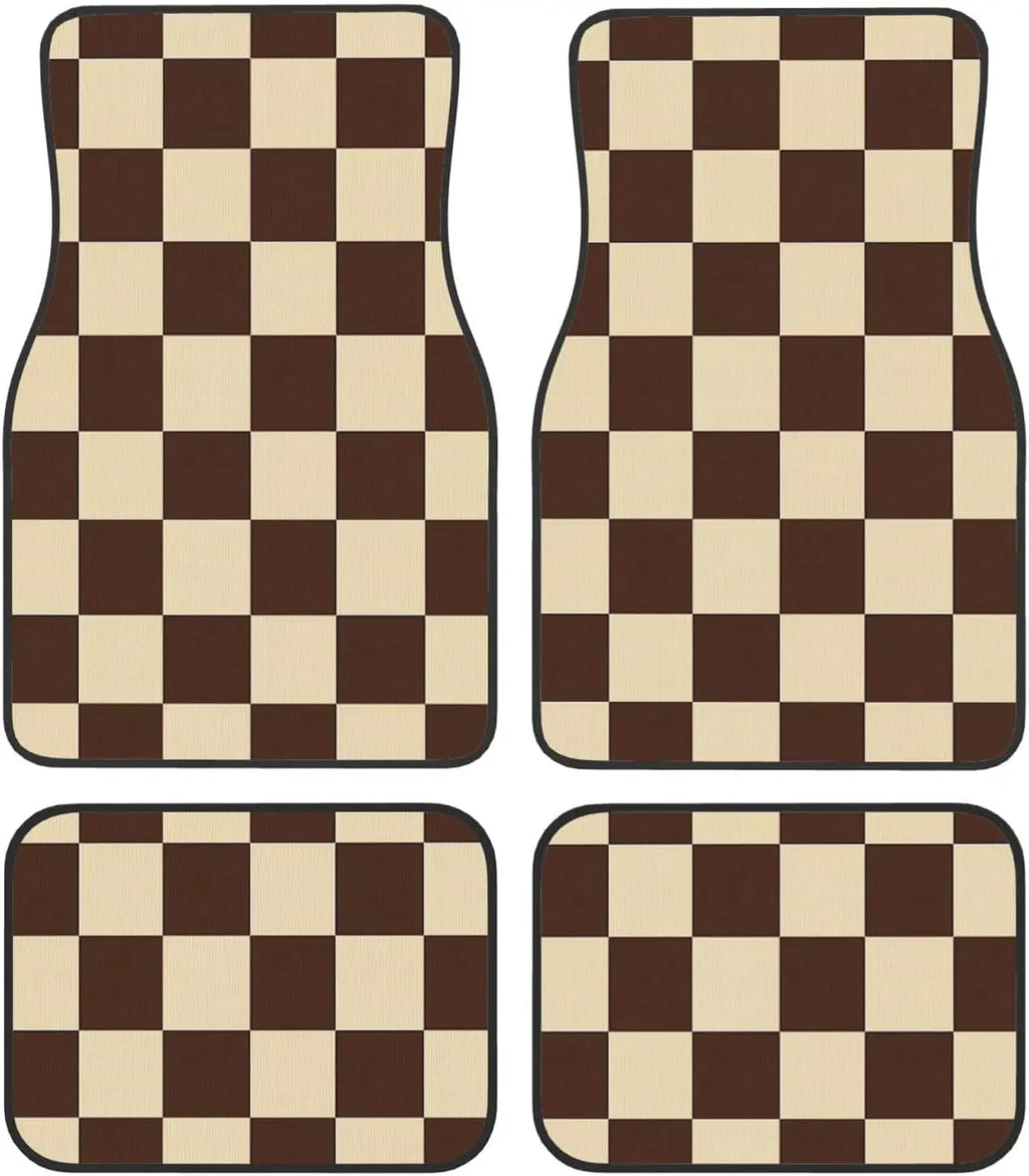 Brown Checkered Car Floor Mats Set of 4 – All Weather Anti-Slip Car Floor Mats HIP black