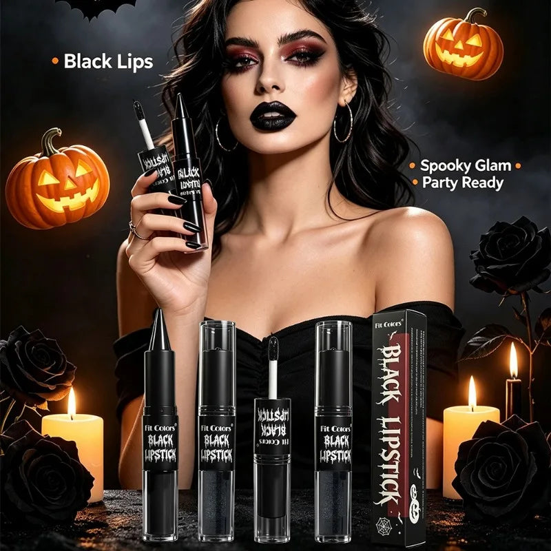 2 in 1 Halloween Lipstick Lip Gloss Non-Stick Cup Long Lasting Black Lip Makeup Moisturizing Shiny Lip Oil Gothic Dark Cosmetics HIP
