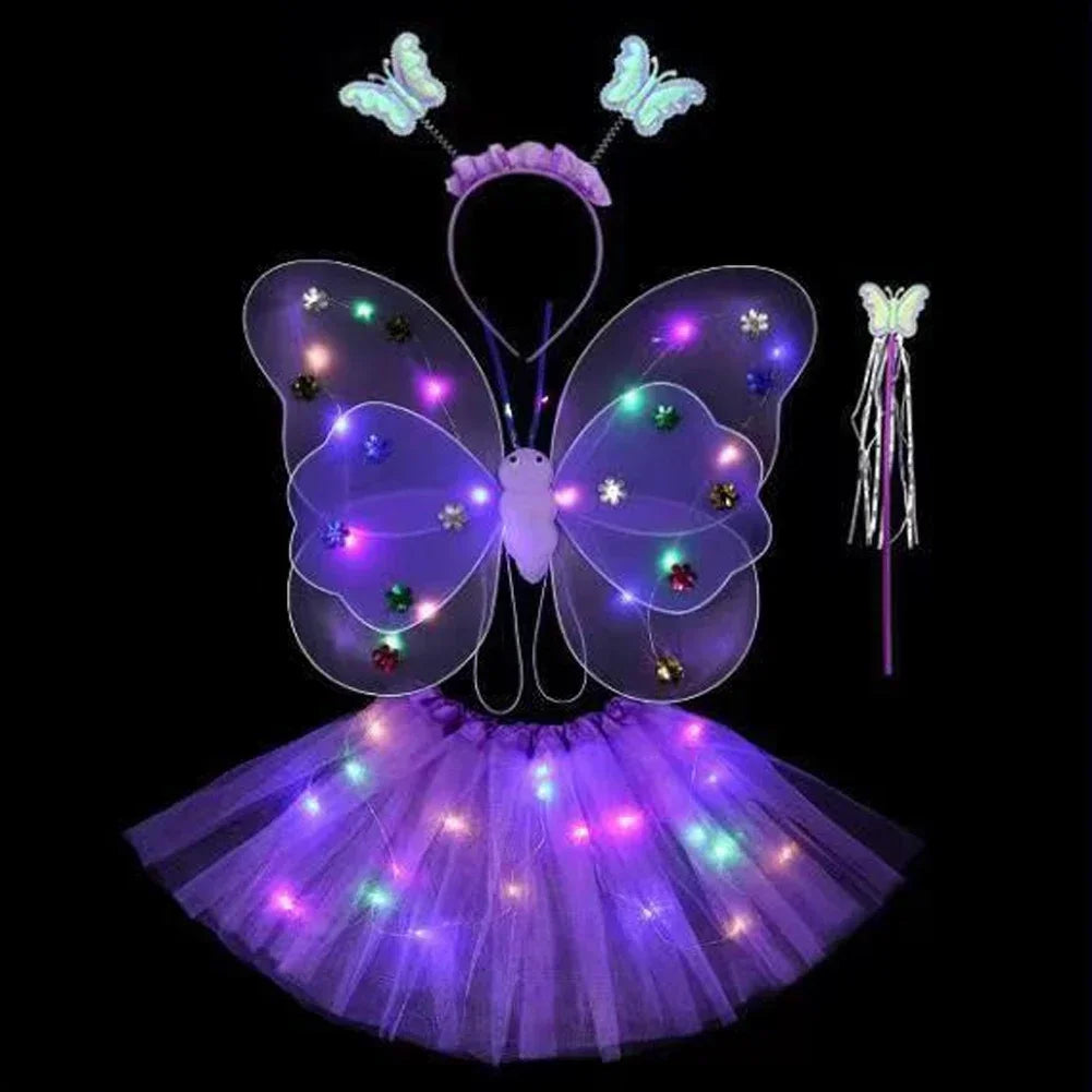 3/4Pcs/Set Double Layers Girls Led Flashing Light Fairy Butterfly Wing Wand Headband Costume Toy Gift Halloween Decoration HIP 4pcs Purple