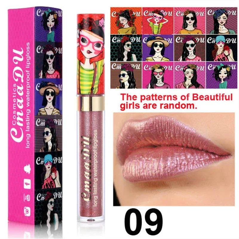 Cmaadu shimmer lip gloss beauty girl diamond glitter lip tint waterproof long lasting 12 color gold flash liquid lipstick makeup HIP 09