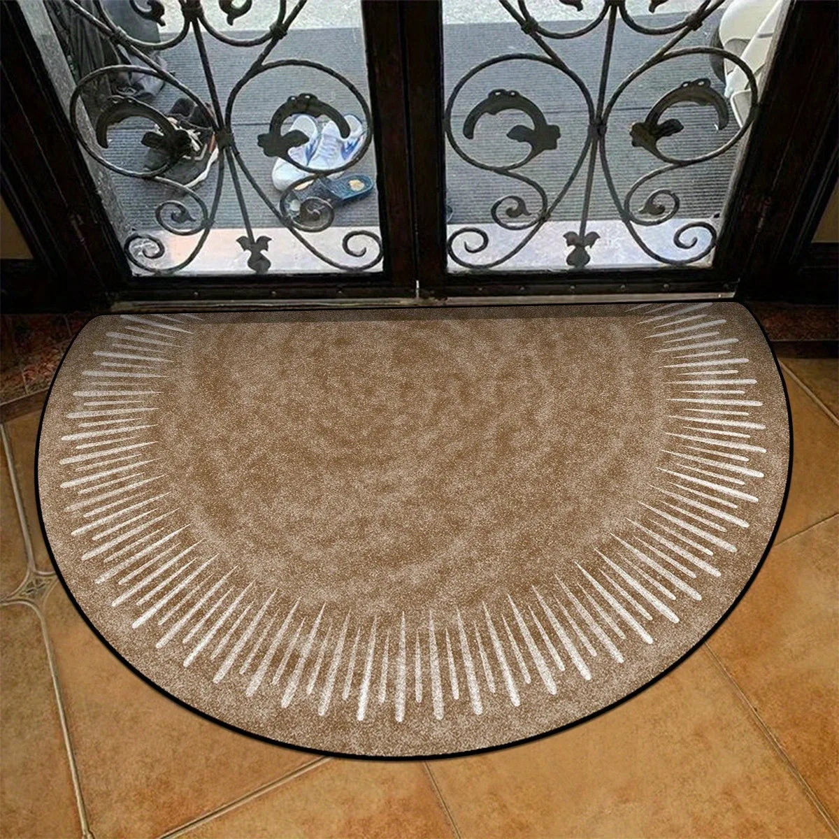 Semi-Circular Doormat – Non-Slip Vintage Brown Striped Rug Semi-Circular Doormat HIP