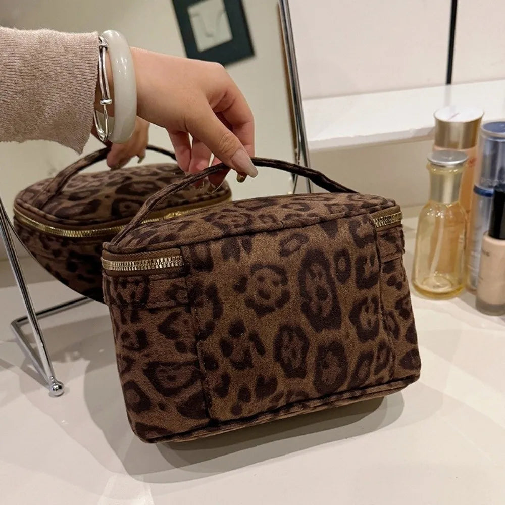 Vintage Leopard Print Large Makeup Bag – Faux Suede Travel Makeup Travel Bag HIP