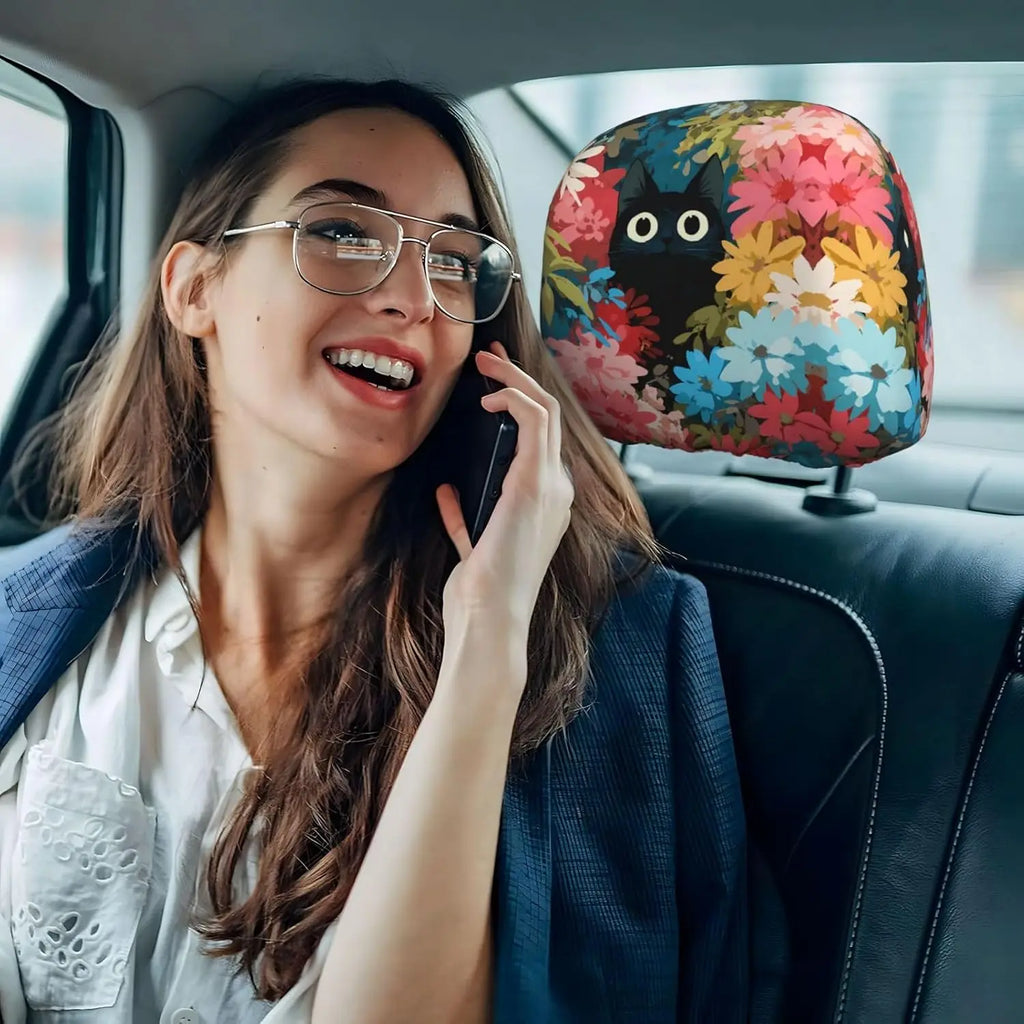 Black Cat Floral Car Headrest Covers – 2-Pack Universal Fit Car Headrest Cover HIP