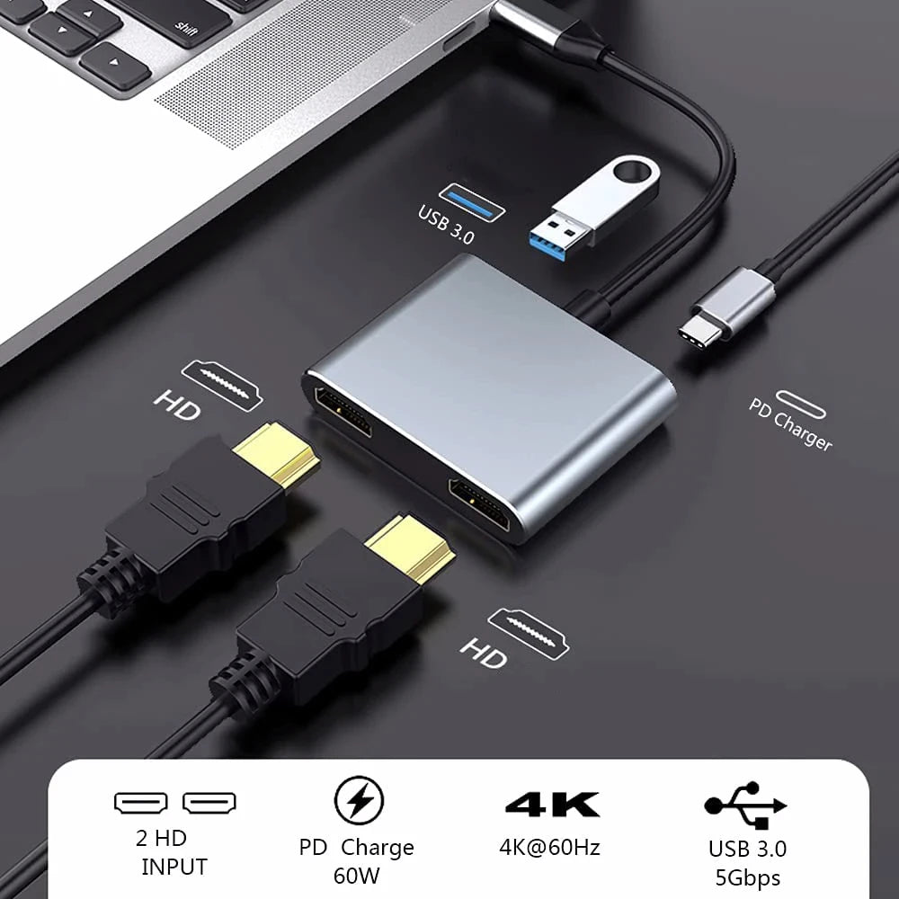 USB-C 4K Dual HDMI Hub – USB 3.0 & 60W PD Charging Dock USB-C Docking Hub HIP
