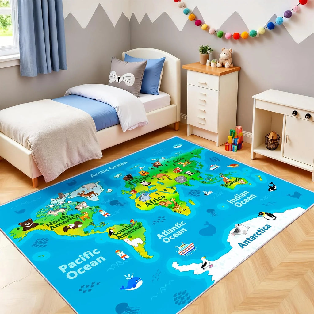 Kids World Map Play Rug – Cartoon Animals & Non-Slip Mat Kids Play Rug HIP