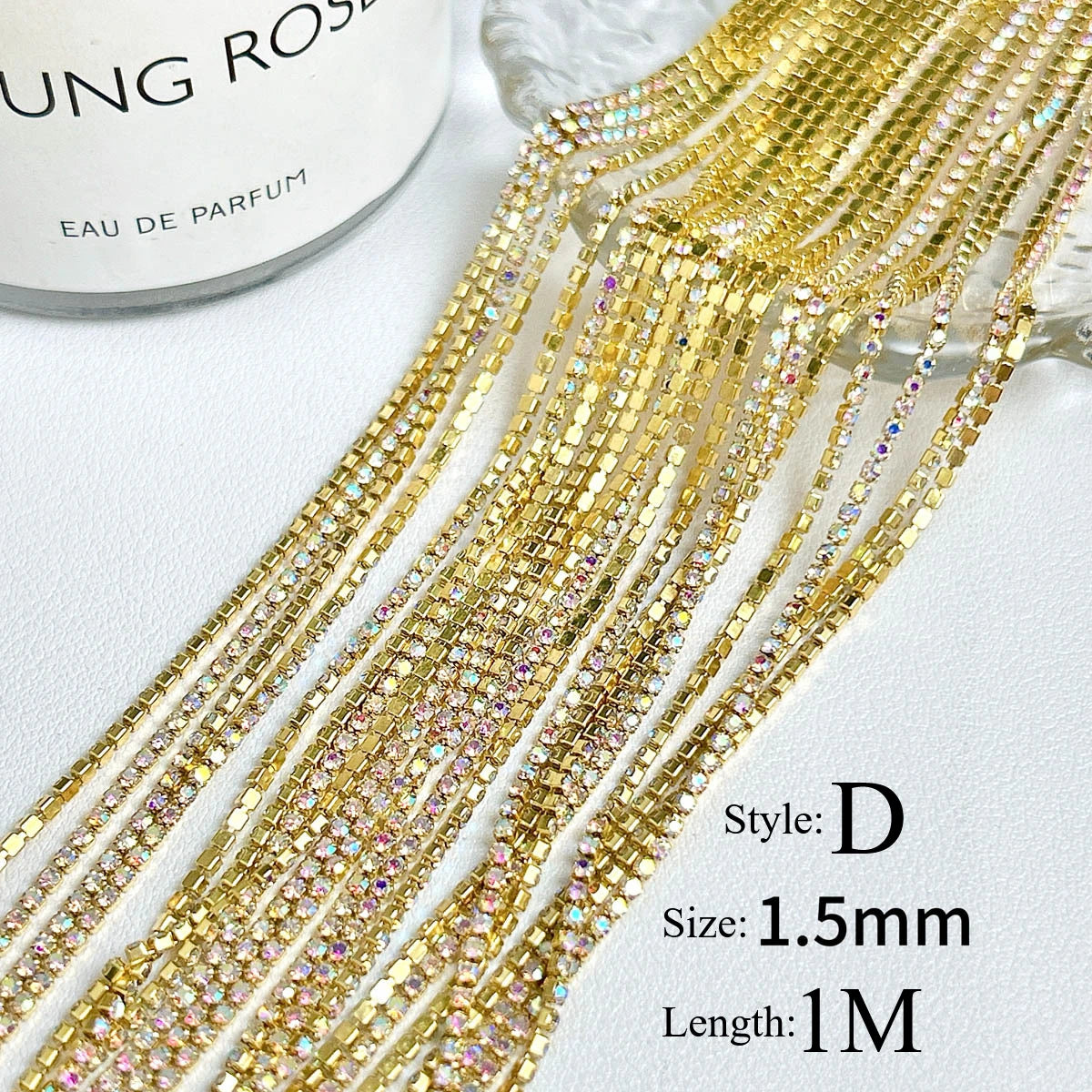 100cm Long Luxury Crystal Chain Nail Charms 1.5/2mm Shinying Clear/AB Diamond Nail Art Metal Steel French Manicure Crystal HIP D gold