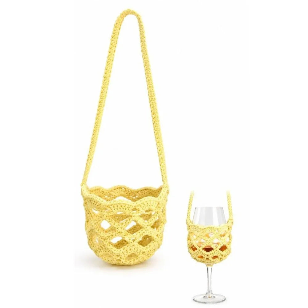 Handmade Crochet Wine Bottle Crossbody Bag – Knit Carrier Wine Bottle Bag HIP Yellow