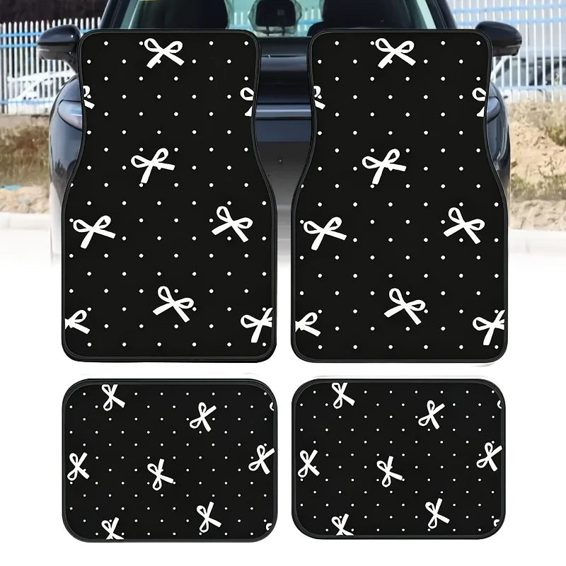 Set of 4 White Polka Dot Car Floor Mats with Bow | Non-Slip Car Floor Mats HIP