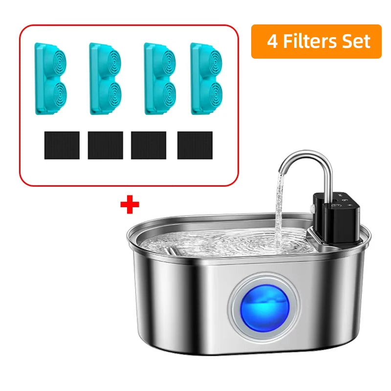 ROJECO 3.2L Stainless Steel Cat Water Fountain Wireless Sensor Smart Automatic Dog Water Dispenser Drinking Fountain 4000mAh HIP 4 Filters Set