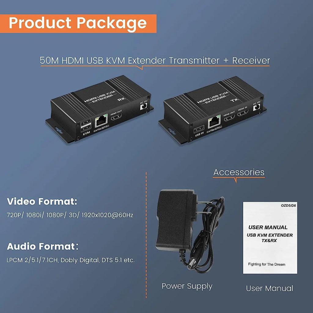 HDMI KVM Extender 60m Cat5e/6 – 1080P USB POC Loop Out KVM Extender HIP