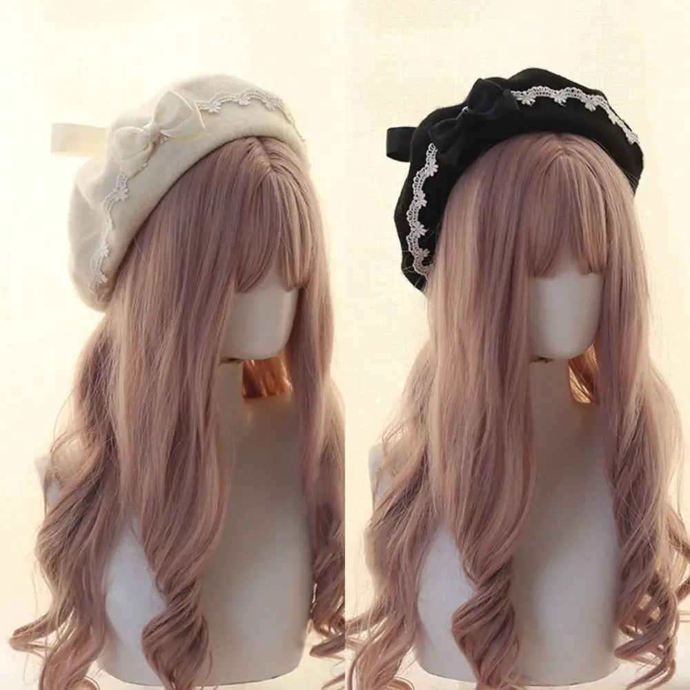Japanese Lolita Wool Beret with Lace Bow – Winter Hat Winter Beret Hat HIP