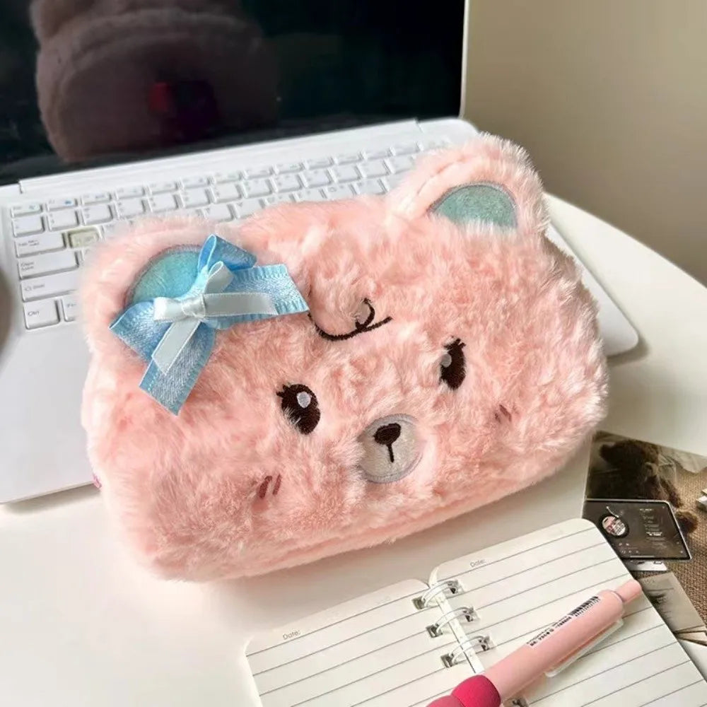 Kawaii Fluffy Bear Plush Pencil Case – Large Capacity Pouch Plush Pencil Case HIP Pink