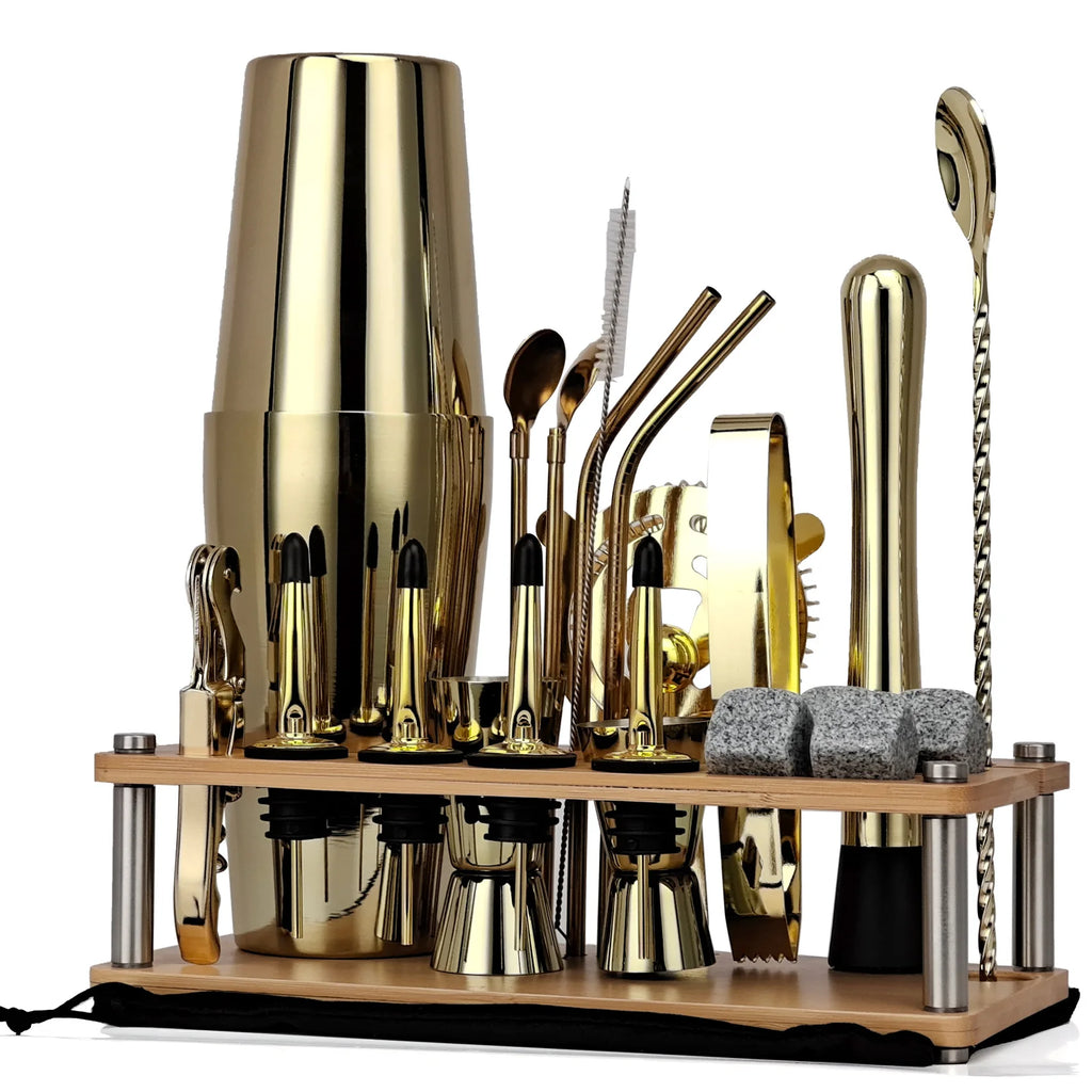 Cocktail Shaker Set with Wooden Stand Rack – Complete Barware Cocktail Shaker Set HIP