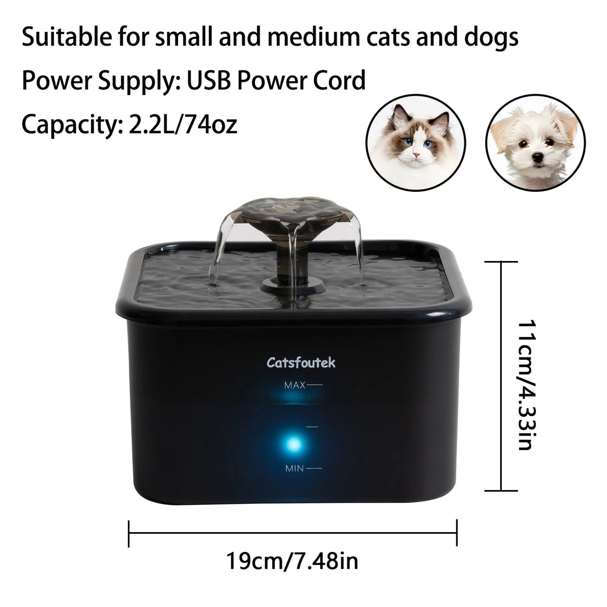 2.2L/74oz Pet Water Fountain,Ultra-Quiet Pump,4-Layer Filter,Blue Reminder,2/8 Filters,Nice Gift Dispenser for Cats&Dogs HIP