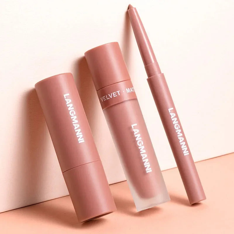 3PCS Matte Lipstick Set Nude Brown Velvet Liquid Lip Gloss Waterproof Non-stick Cup Lip Liner Plumper 24HR Lasting Not Easy Fade HIP