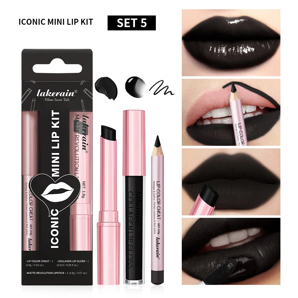 3pcs Halloween Black Lip Set Waterproof Long Lasting Matte Velvet Lip Gloss Lip Liner Black Lip Stain Halloween Goth Makeup HIP set 5 black