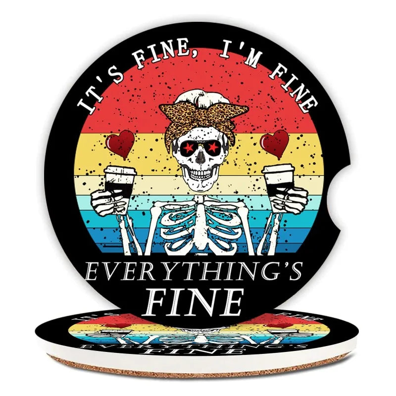 2-Pack Retro Skeleton Car Cup Holder Coasters – 2.56" Car Cup Holder Coasters HIP 1 Cork ceramics