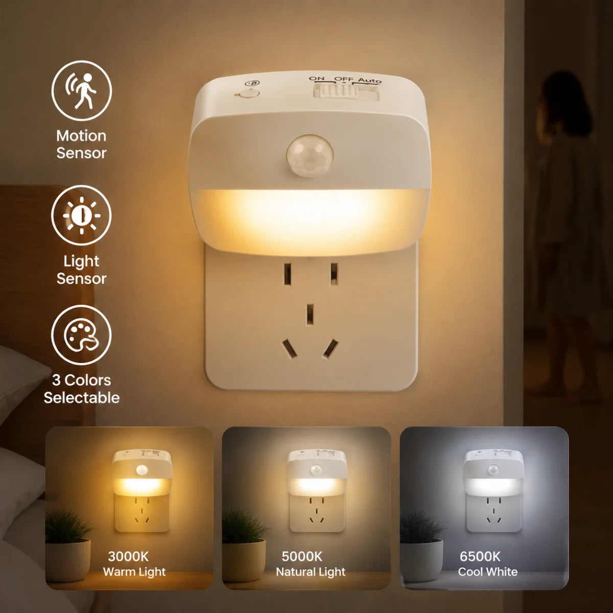 Motion Sensor LED Night Light – 3-Mode Plug-In | EU & US Motion Sensor Night Light HIP