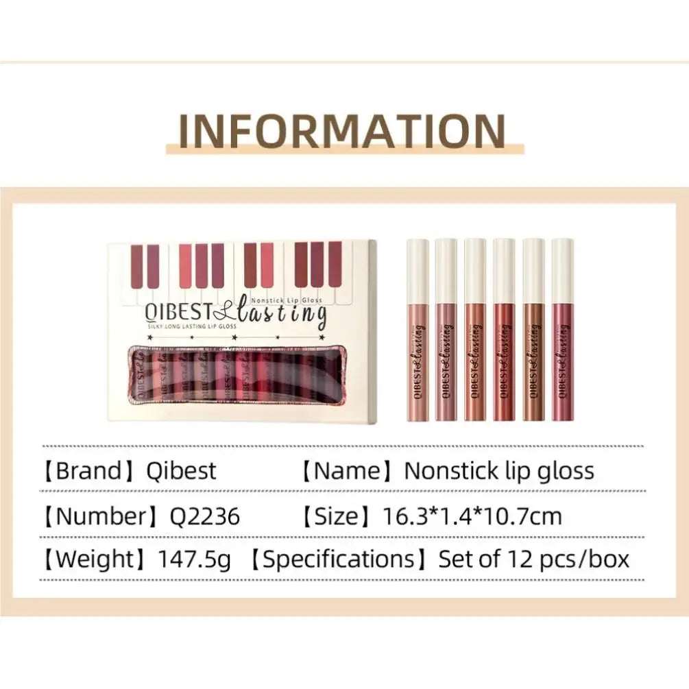 QiBest 12-Shade Matte Lip Gloss Set – Waterproof, Long-Lasting Matte Lip Gloss Set HIP