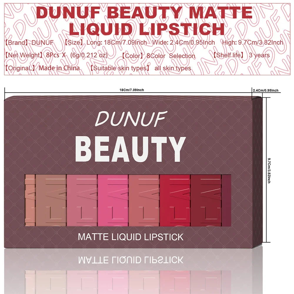 DUNUF 8-Pc Velvet Matte Liquid Lipstick Set – Waterproof Liquid Lipstick Set HIP