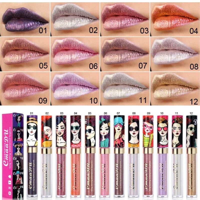 Cmaadu shimmer lip gloss beauty girl diamond glitter lip tint waterproof long lasting 12 color gold flash liquid lipstick makeup HIP