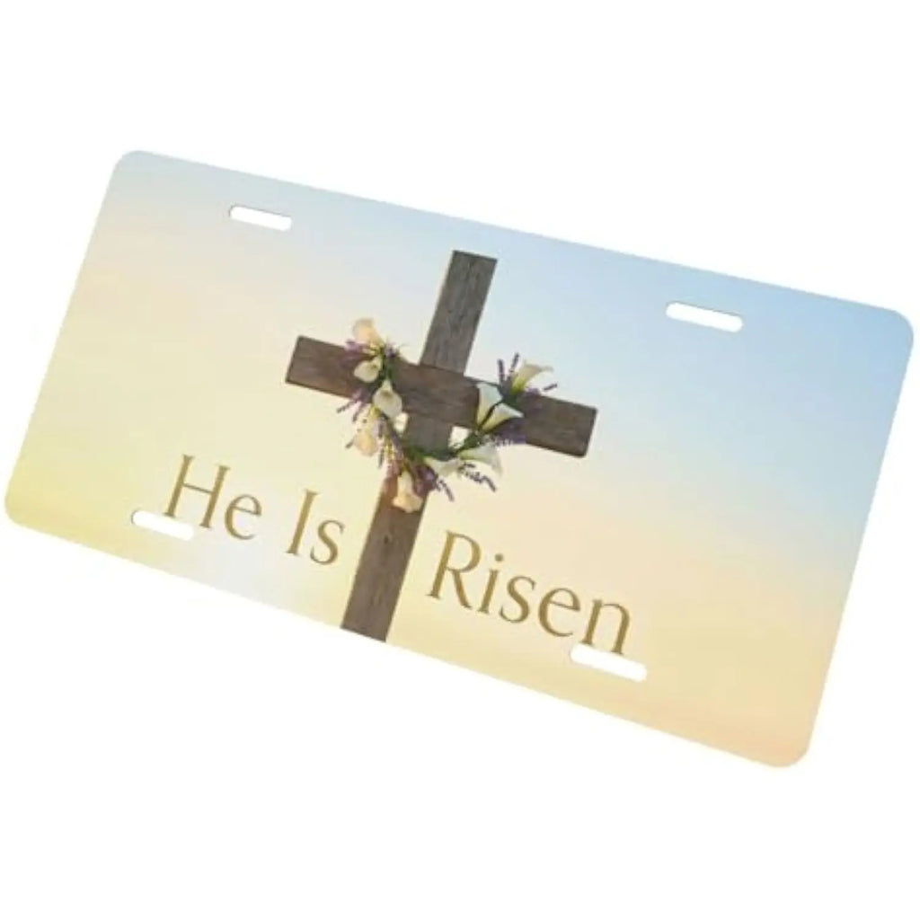 He Is Risen Christian Cross Floral Wreath Aluminum License Plate Decorative License Plate HIP
