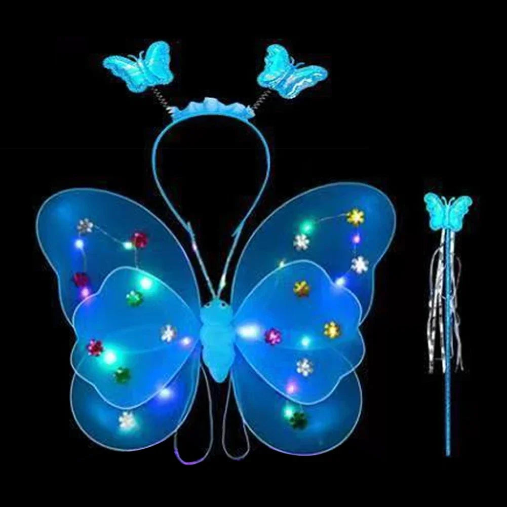 3/4Pcs/Set Double Layers Girls Led Flashing Light Fairy Butterfly Wing Wand Headband Costume Toy Gift Halloween Decoration HIP 3pcs Blue
