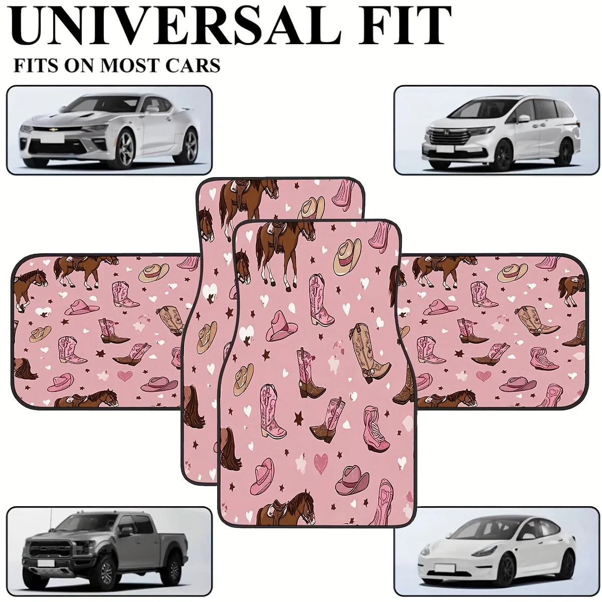 4-Pc Western Cowgirl Car Floor Mats – Pink Cow Print Car Floor Mats HIP