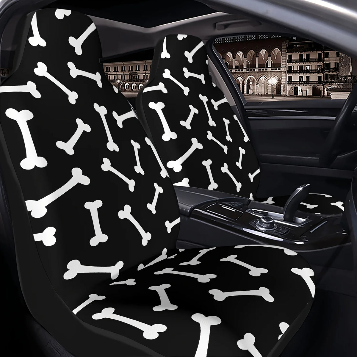 Black & White Bone Print Car Seat Covers – 2-Piece Set Car Seat Covers HIP